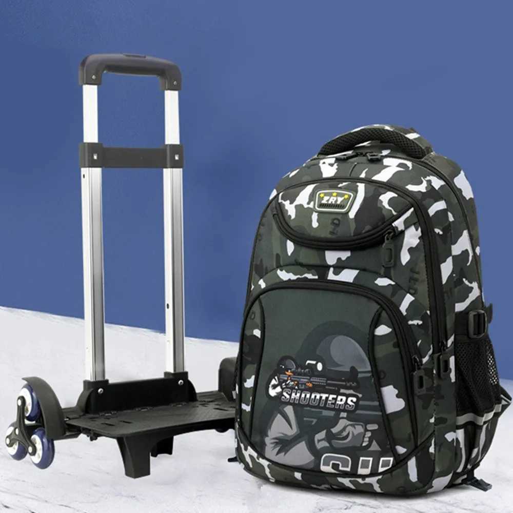 Camouflage 2 Wheels Chidren Backpack Fashion Waterproof Travel School Bags Trolley Case Thick Mesh Shoulder Strap Kids Handbag Y240820