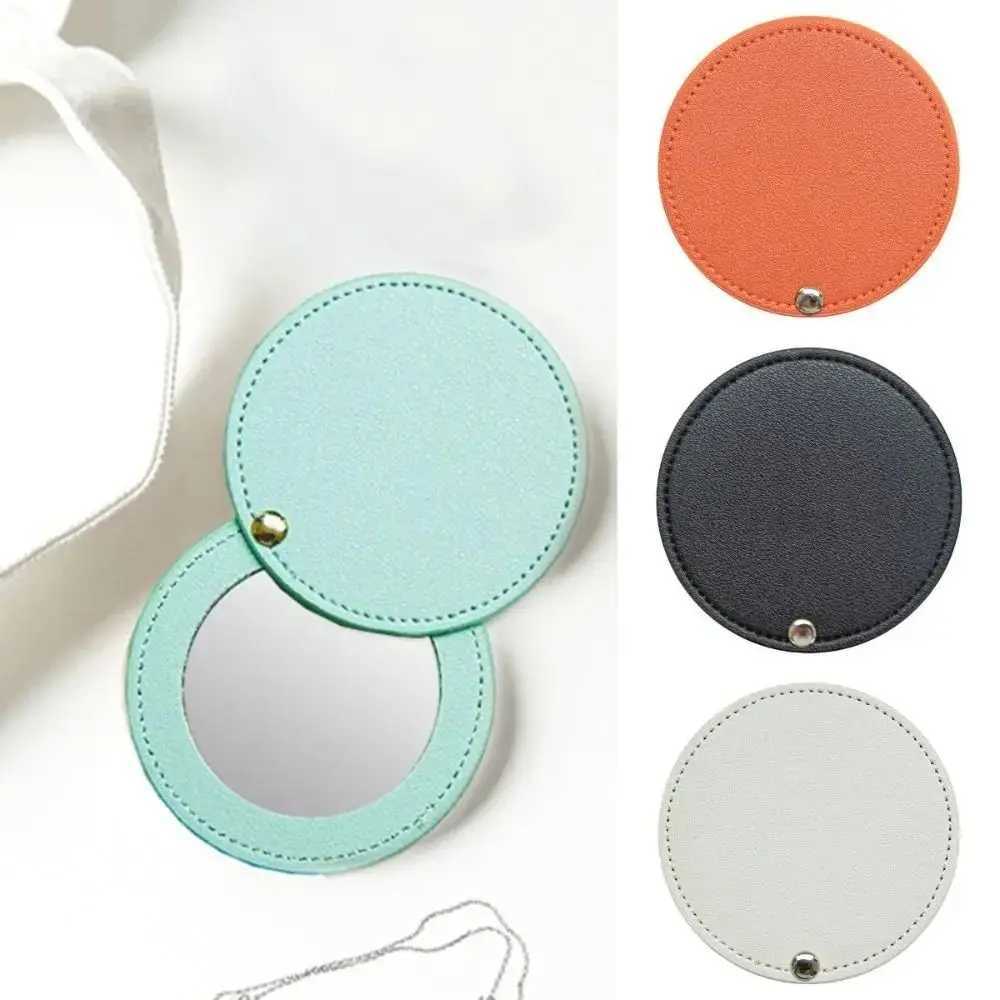 1pc New PU Leather Makeup Mirror Round Ultra-Thin Lightweight Cosmetic Mirror Mini Solid Color Portable Travel Pocket Mirror Y240819