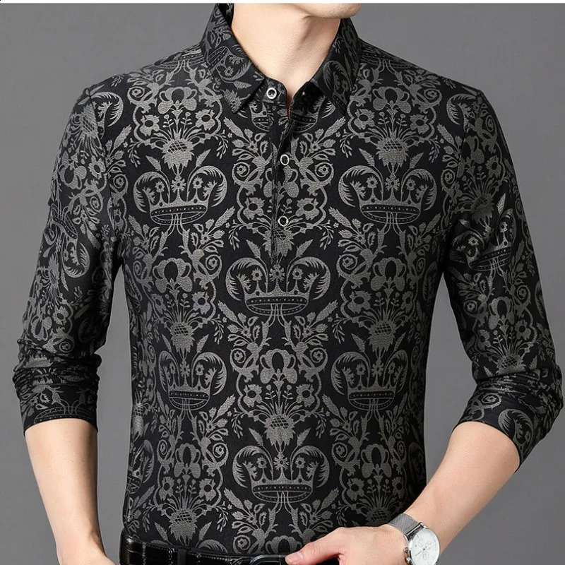 Autumn Mens Long Sleeve Turn-down Collar Button Fashion Business Loose Large Solid Color Printed Pullover Polo Shirts Tops 240820