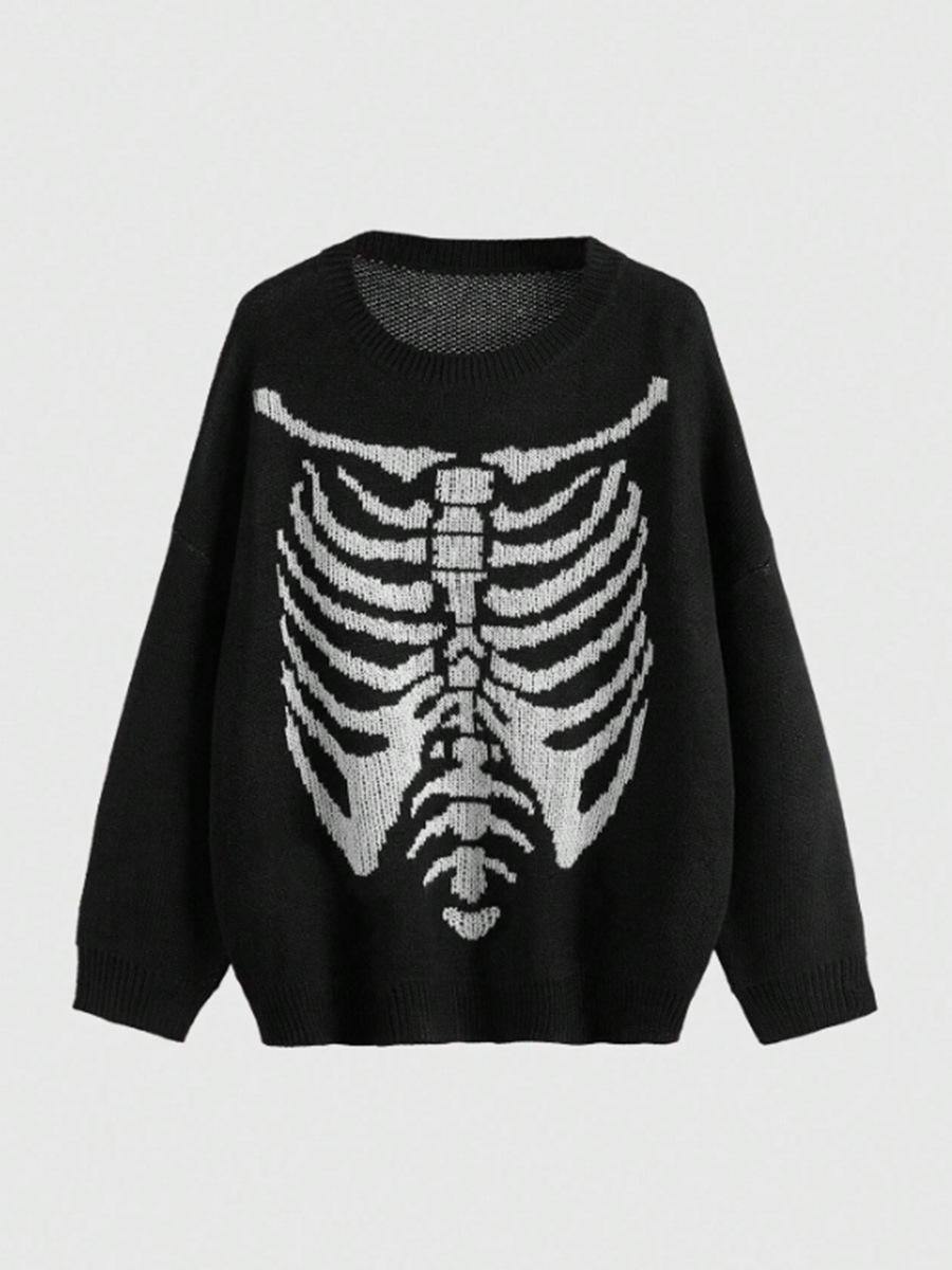 Women's Sweaters Round neck pullover long sleeved Halloween sweater contrasting color skull jacquard knit sweater