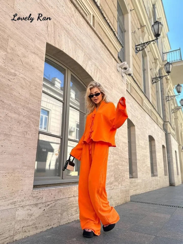 2024 Early Autumn Loose Lace Up Shirt Trousers Set Women Solid V Neck Hollow Out Cardigan Wide Leg Pants Street Lady Outfits 240819