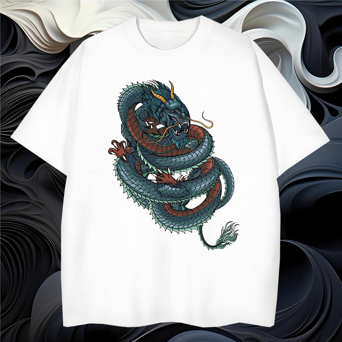T shirt 230g Pure Cotton dragon Casual Breathable Short Sleeve Black Oversized Men Clothes T-Shirt Brand Loose Fit Tops