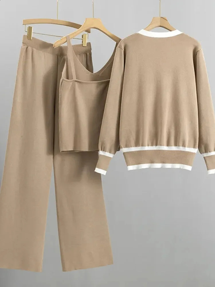 Spring Fall 3 Piece Sets Loose Cardigan Ensemble Sleeveless Vest Conjuntos High Waist Wide Leg Pant Suits Knit Soft Tracksuit 240819
