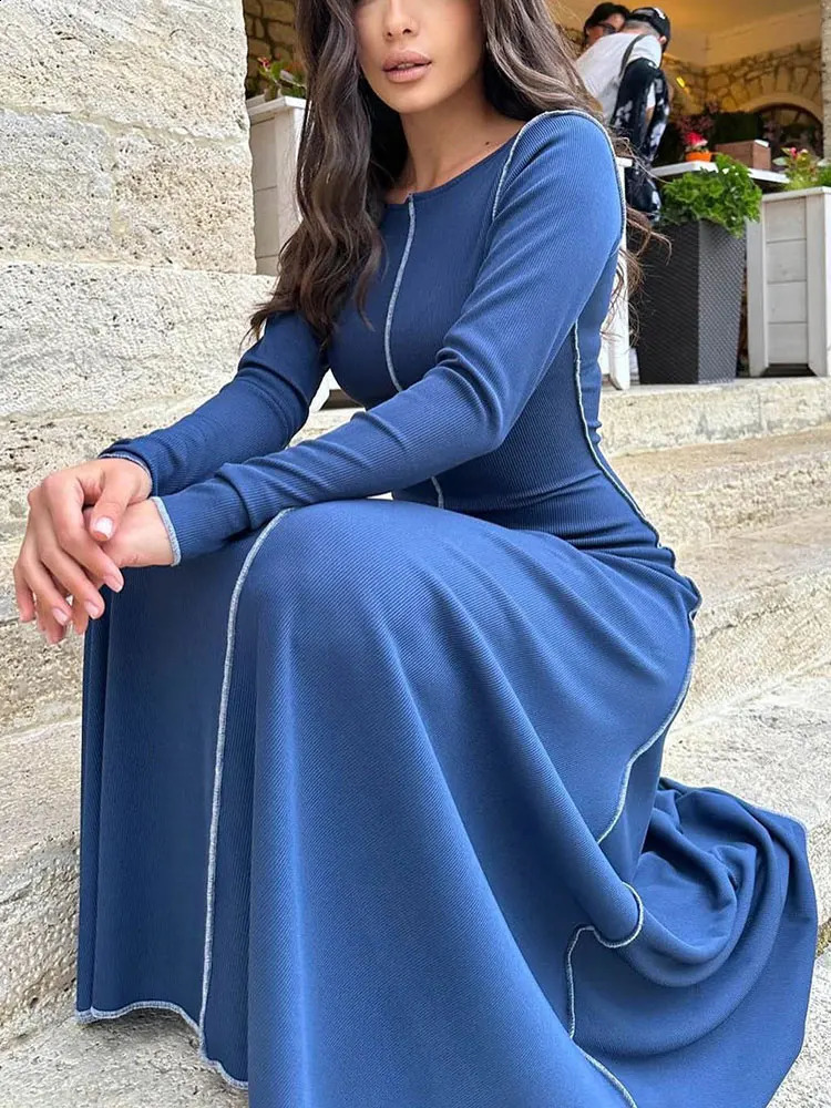 GACVGA Ribbed Knitted Maxi Dress For Women Autumn Winter Long Sleeve Bandage Fashion High Waist Elegant Sexy Party Dress 240819