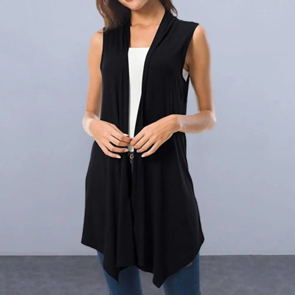 Womens sleeveless cardigan vest fashion womens mid length asymmetrical hem 240819