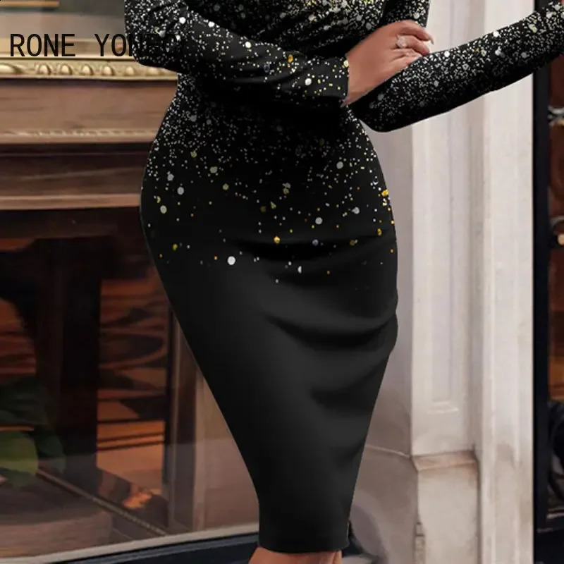 Women Chic Elegant All Over Print Long Sleeves Halter V Neck Bodycon Midi Working Formal Party Dresses 240819