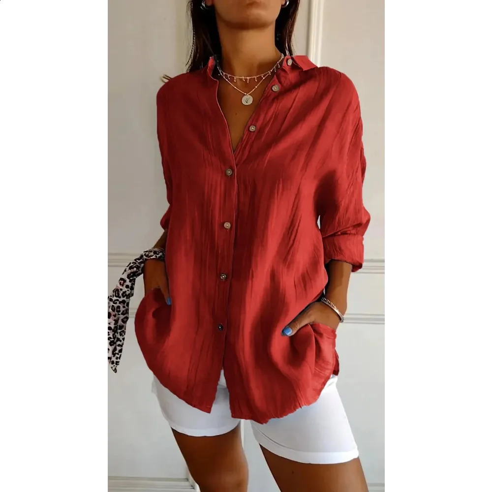 Summer Vneck casual cotton linen button womens fashionable loose solid collar office shirt top retro 240814