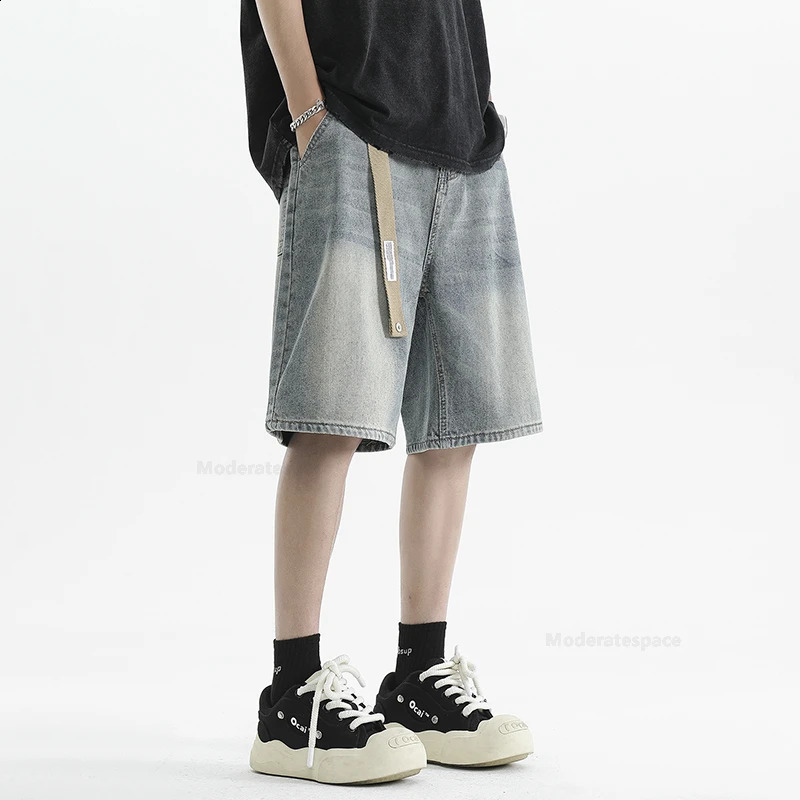 Summer mens retro denim shorts fashionable ultrathin breathable Bermuda jeans pocket casual wide 240819