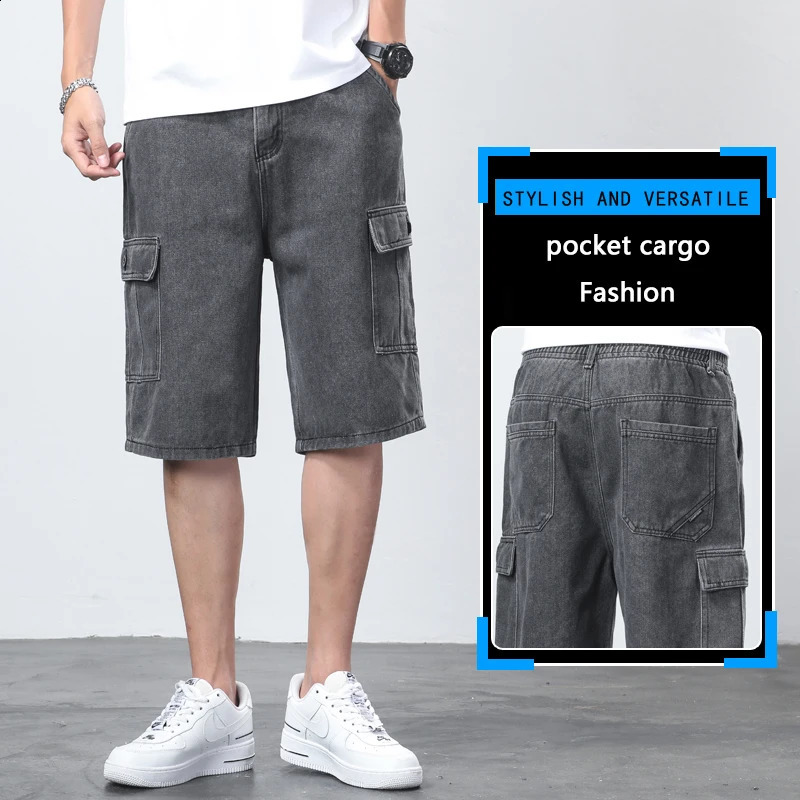 Mens denim shorts large pockets casual fashion wide Bermuda jeans mens beach pants 240819