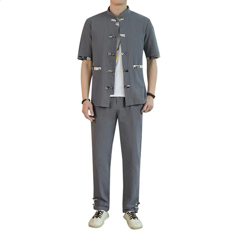 ShirtsPants summer chinese style elastic waist Cardigan Mens set Casual Sets Male Fashion trousers and shirt men size M-5XL 240819