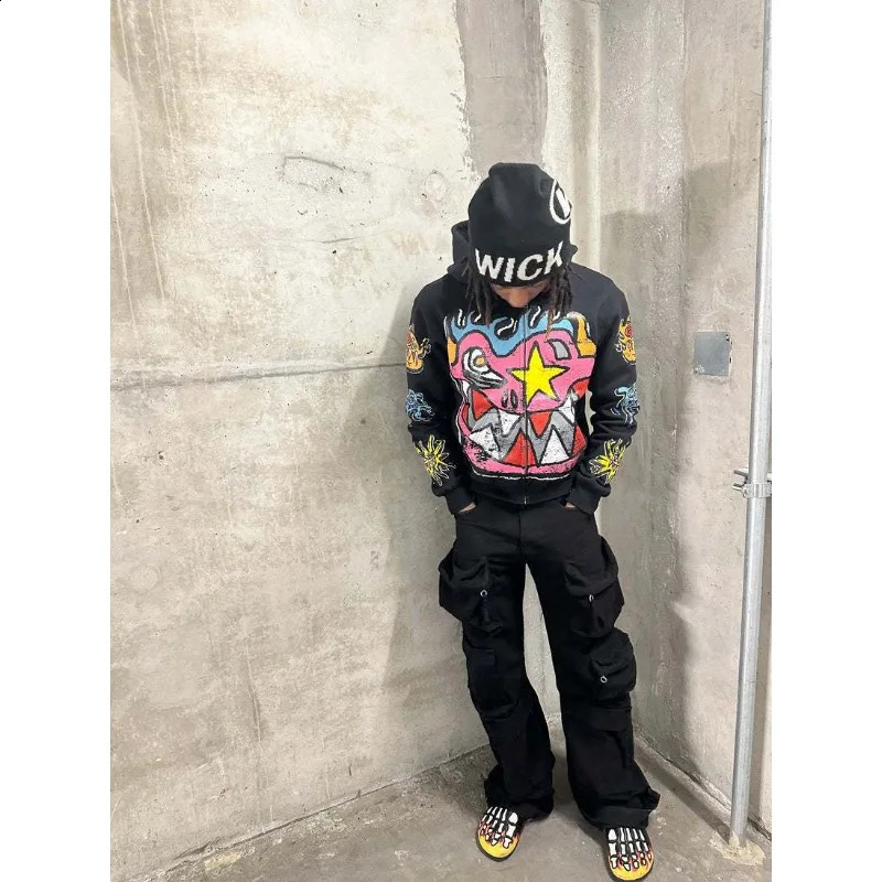 Instagram American Hip Hop Street Graffiti Printed Zipper Hoodie for Men Y2K Retro Gothic Casual Loose Couple Sweatshirts 240819