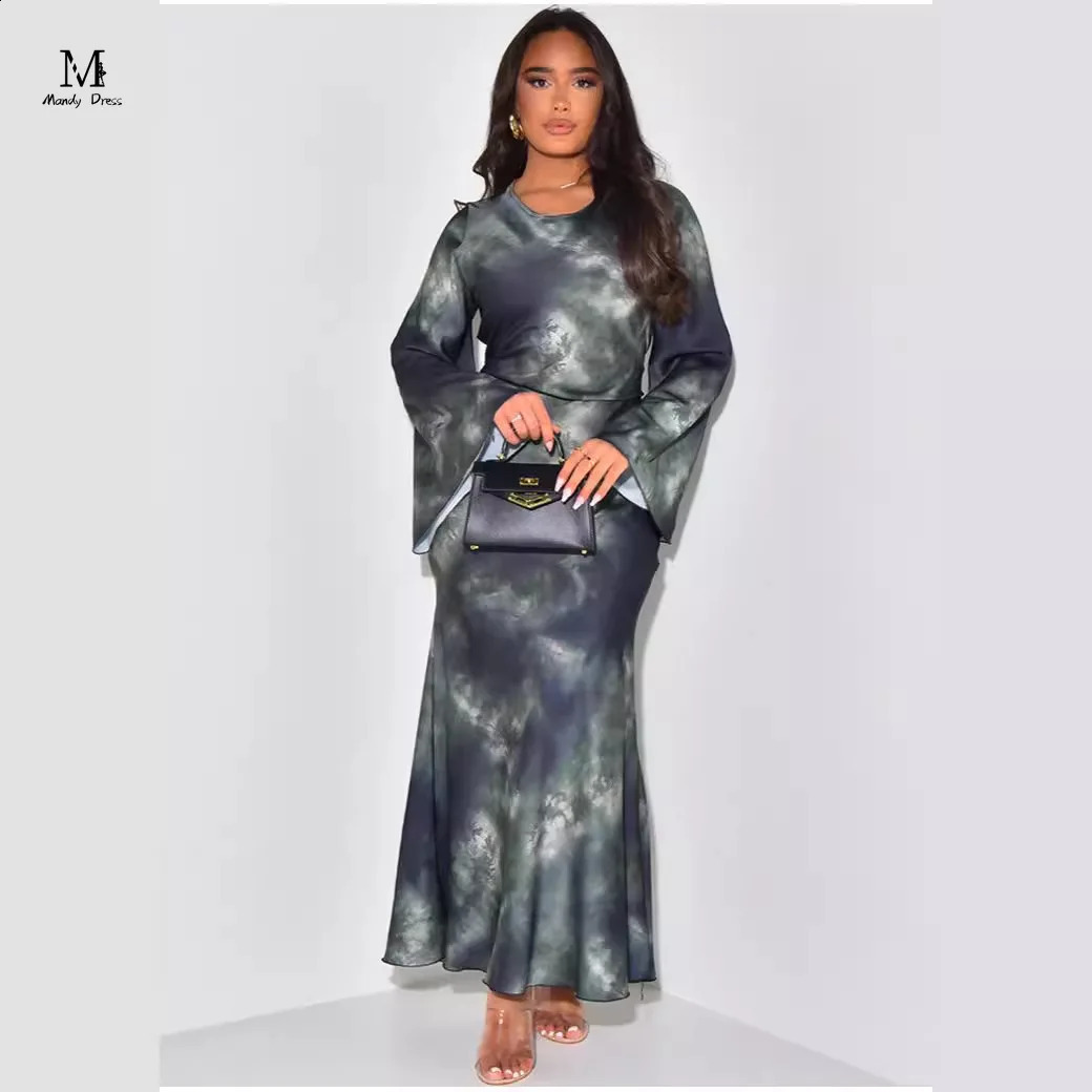 Elegant Women Print Maxi Dress Long Sleeve Loose O-neck Bandage Satin Clothing Fashion Lady Casual Dresses 240819