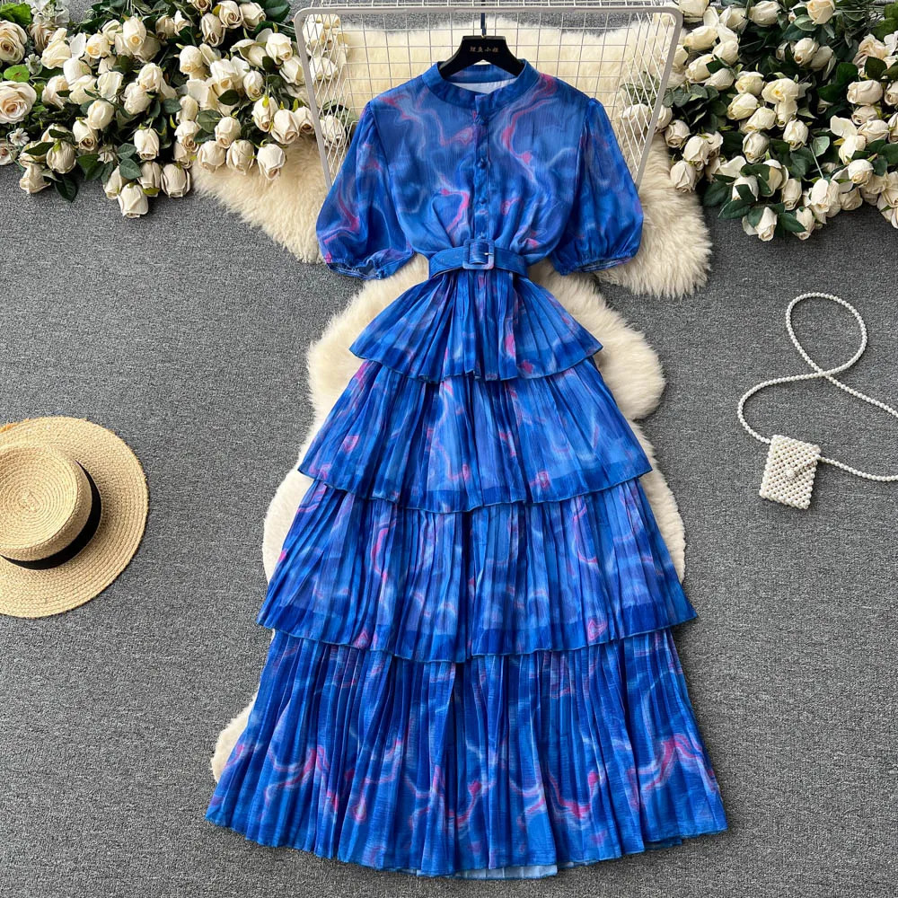 Vintage Pleated High Waist Dress Fairy A-line Puff Sleeve Dress Chic Summer Beach Vestidos Women Vacation Sundress
