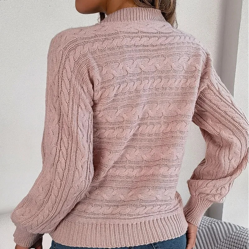 Autumn and winter womens floral round neck long sleeved solid hollow fried dough twisted loose fashionable casual sweater top 240819