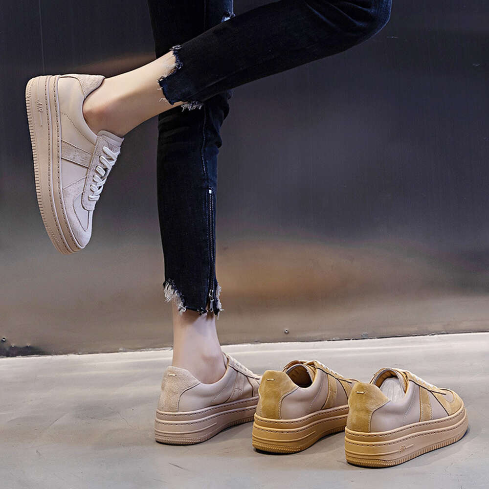 Ddmysports Genuine Leather Small White For Women In Autumn New Sponge Cake Heel Casual Single Shoes Thick Soles Raised Height Shallow Mouth Versatile 