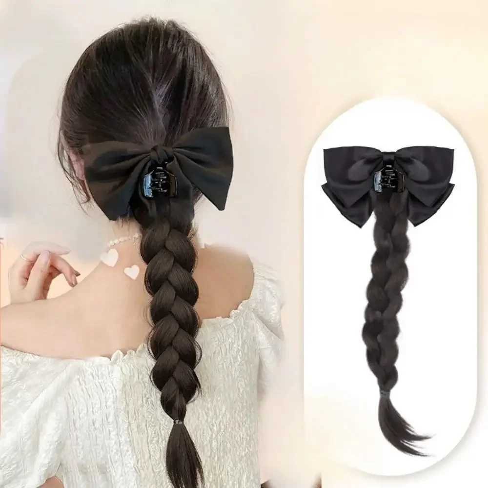 Synthetic wig elegant black bow grip clip boxing ponytail wig for women simulation weaving twisted hair extension W240817