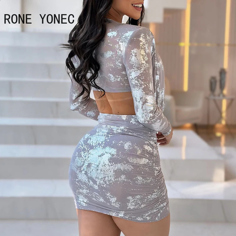 Women Sequins Ink Pattern Deep V Neck Swing Collar Long Sleeves Midriff Mini Sexy Party Dresses 240819