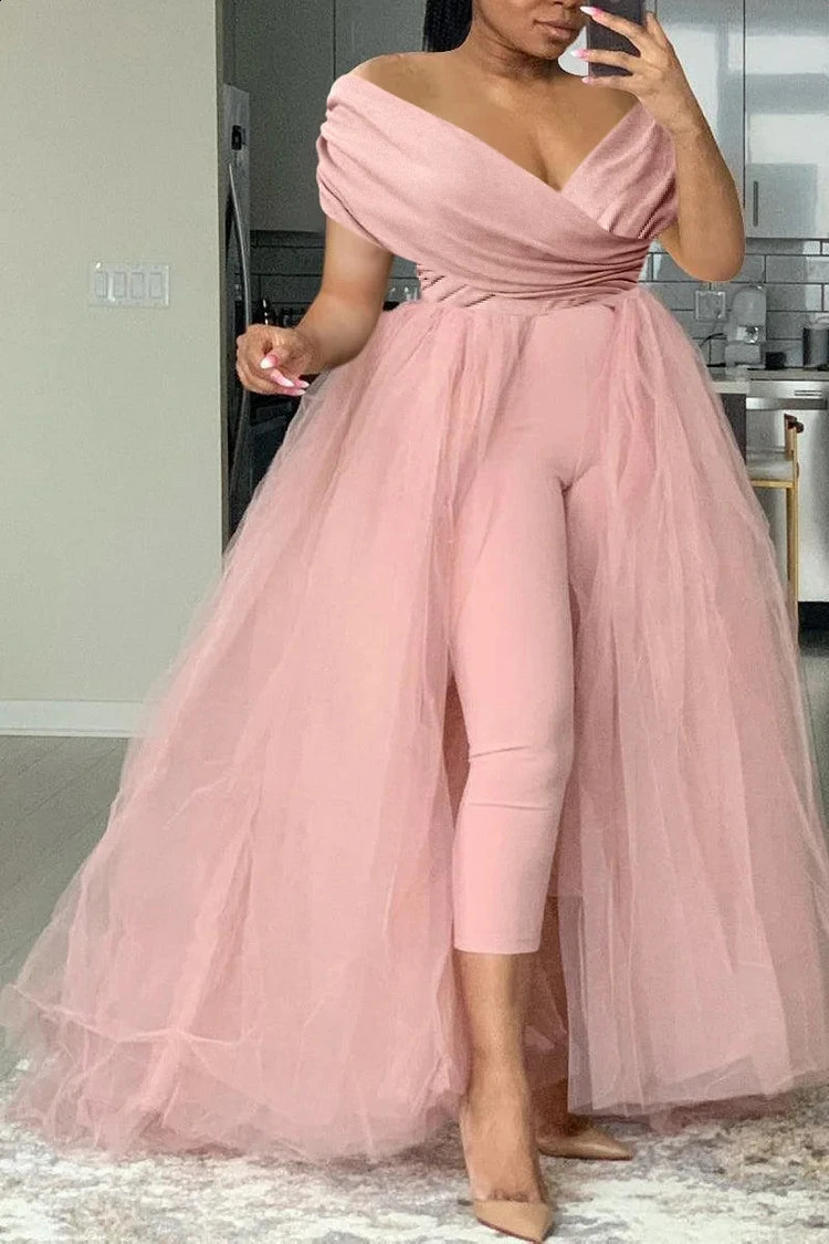 Plus Size Formal Casual One Piece Outfit Solid Off The Shoulder V Neck Tulle Jumpsuit With Tulle Skirts 240819