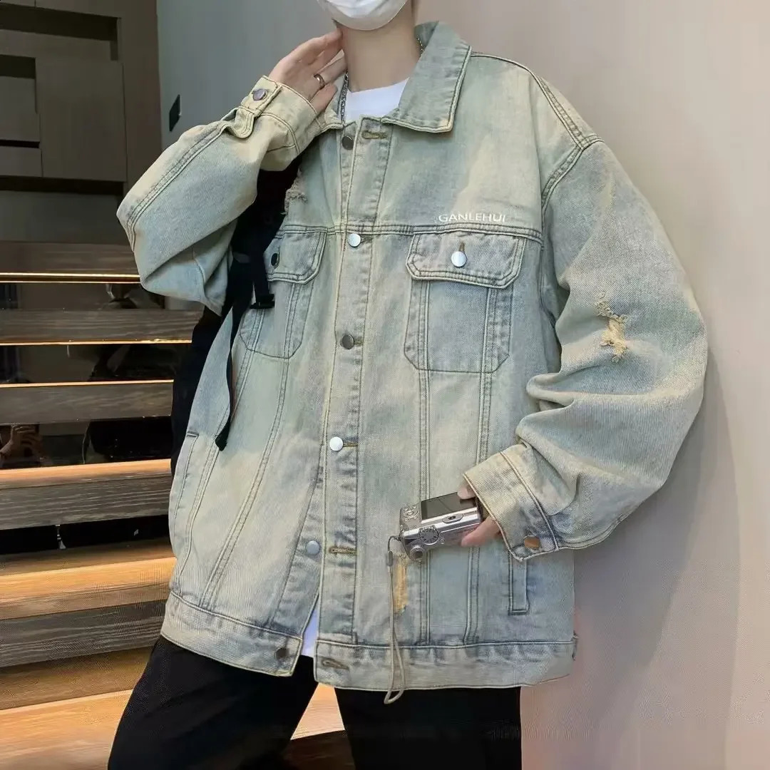 Retro style mens denim jacket fashionable American high street casual loose open collar spring and autumn clothing 240819
