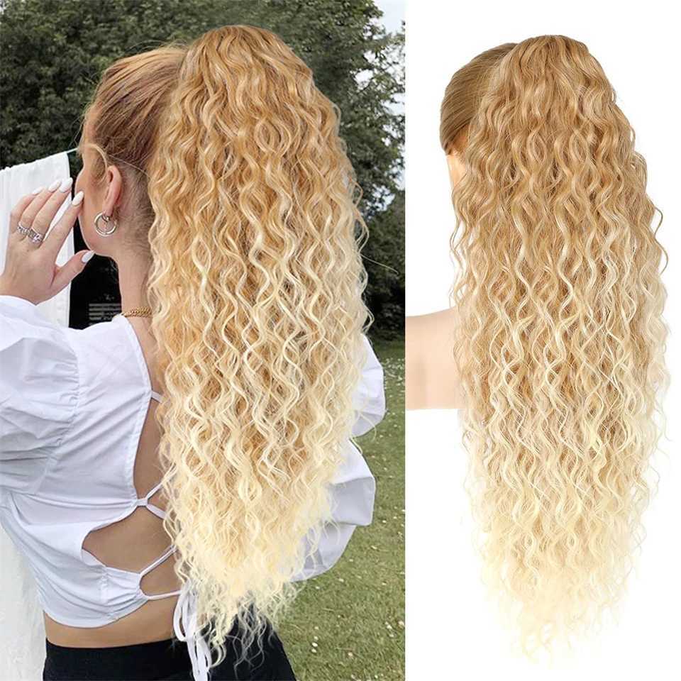 36 inch elongated ponytail extended synthetic gradient golden ripple womens wig fluffy long curly ponytail W240817