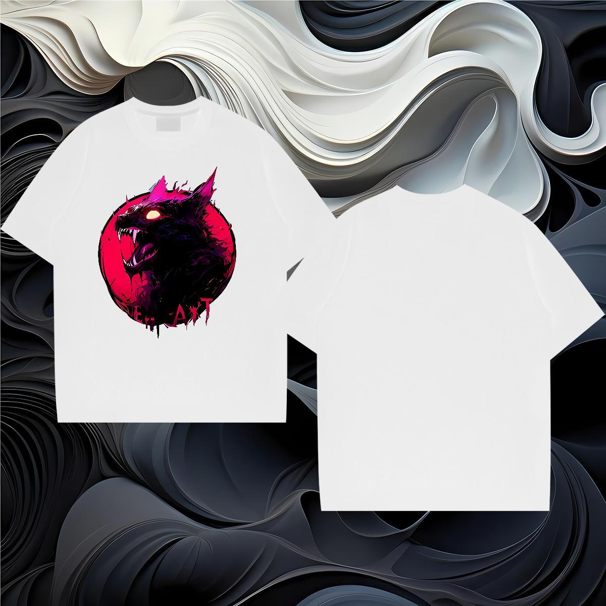 Fashion Casual Men Clothes T-Shirt wolf Outdoor 230g 100% Cotton Tee Shirt Breathable Soft Loose Fit Man T Shirts Anime Print