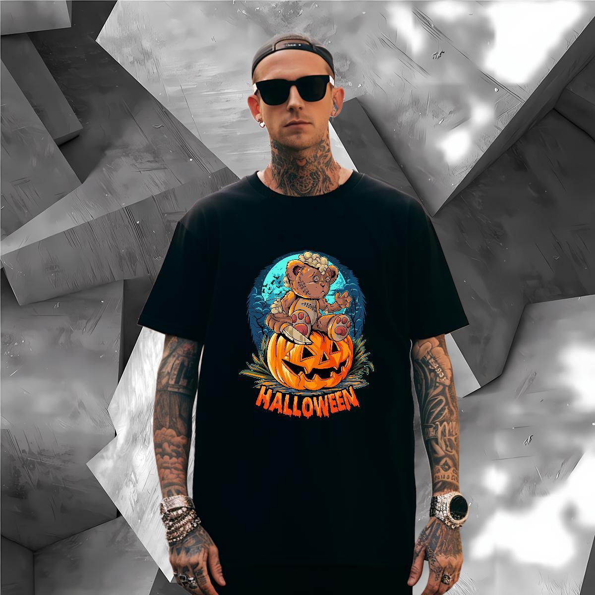 Soft Mens T Shirts halloween Crew Neck Breathable Summer Casual Plus Size Cartoon 230g Pure Cotton Tshirts 2024 Summer Tees Shirts