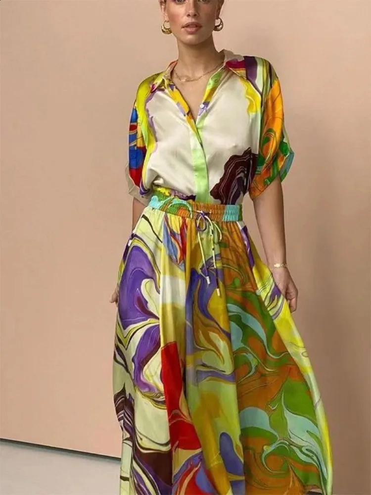 2024 Summer Elegant Women 2 Piece Sets Fashion Printing Half Sleeved Shirt Top Suits Casual Loose Lace Up High Waisted Skirt Set 240813
