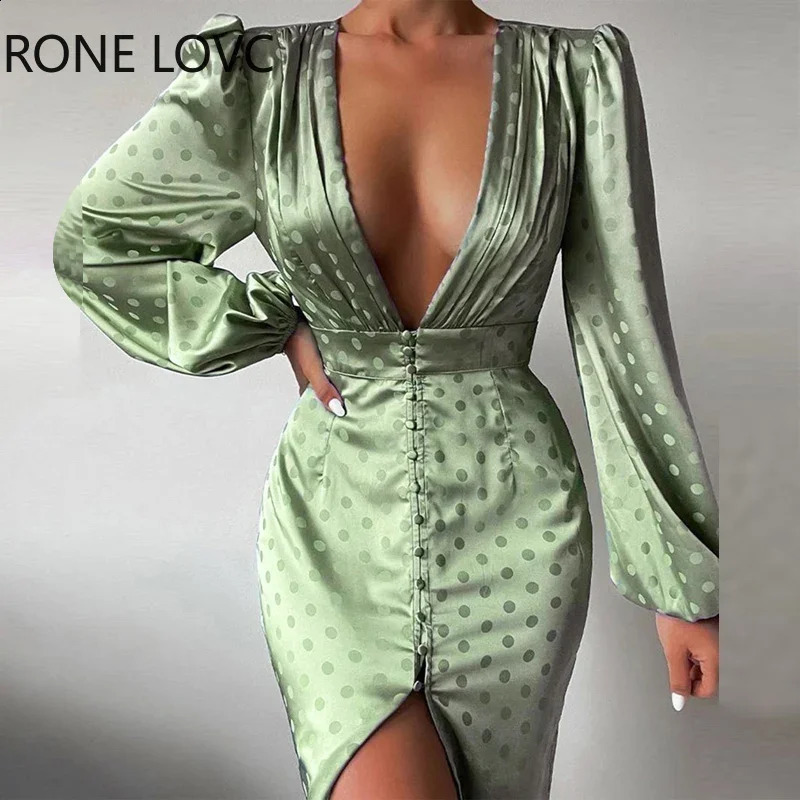 Women Chic Deep V Neck Polka Dot A Line Long Puff Sleeves High Silt Spring Autumn Sexy Party Satin Dress 240819