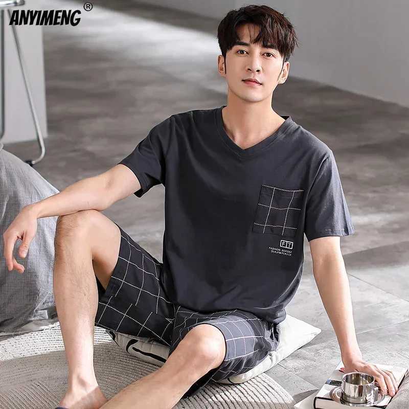 Dropshipping Pajama Set Mens Cotton Pajama Large Size 3xl 4xl Pajama Para Hombre Summer Cotton Short PajamaW240719