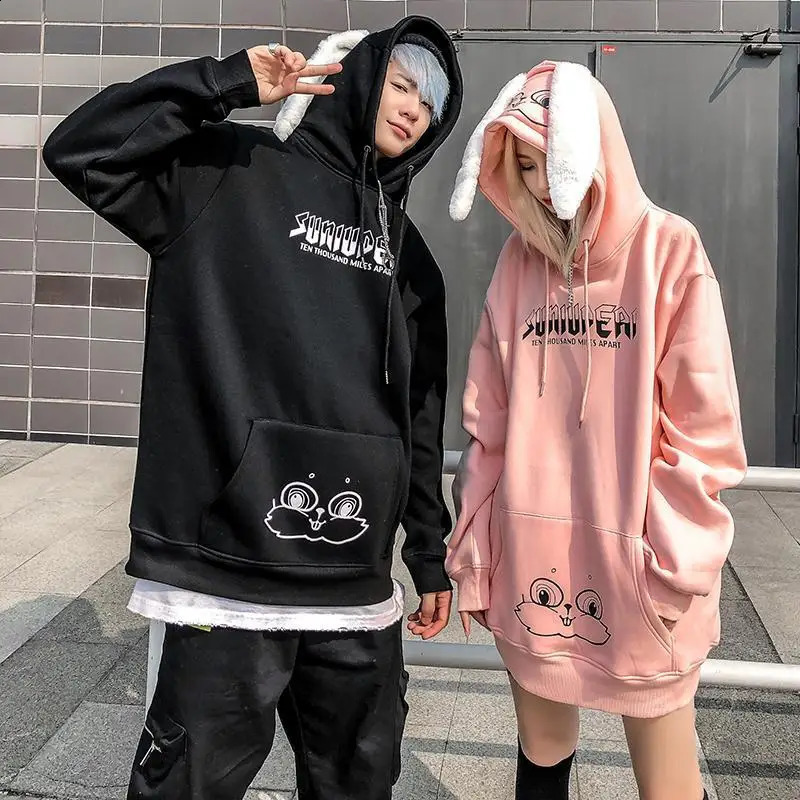 Couples sweatshirt mens wool Sudaderas Y2k long sleeved oversized zipper rabbit ear mask top womens Kawaii hip-hop street 240820
