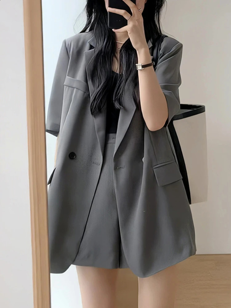 Summer retro womens jacket shorts casual loose solid short Pantalons set fashion 2piece 240819