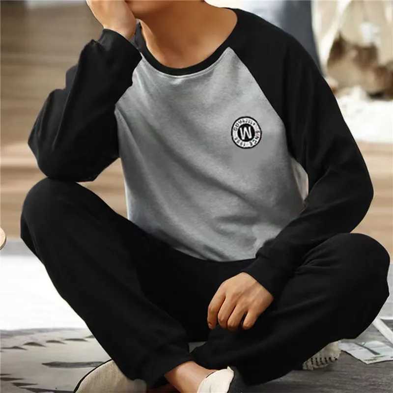 Mens plus size sleepwear set solid round neck knitted cotton sleepwear set mens 4xl sleepwear autumn casual mens sleepwearW240719