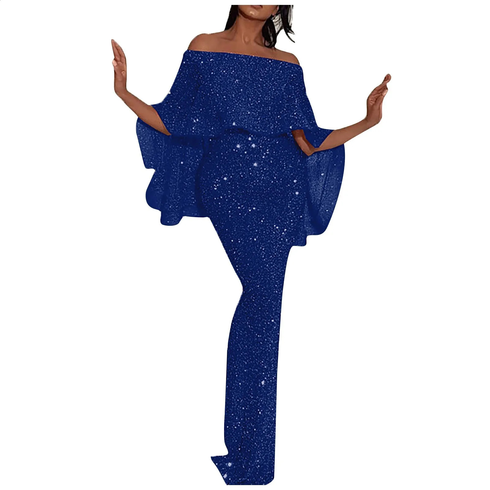 Womens Fashion Sexy Solid Color Off Shoulder Slim Fit Sequin Wrap Hip Split Party Dress 240819