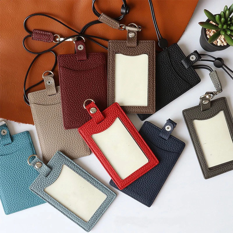 Momogrammed Letters genuine leather work card cover mens badge sleeve rope tie credit holder 240820