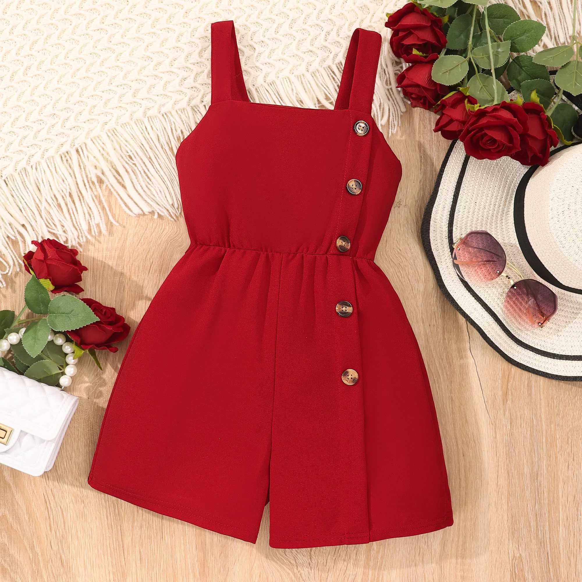 Girls casual solid button decoration sleeveless jumpsuit summer gift W240806
