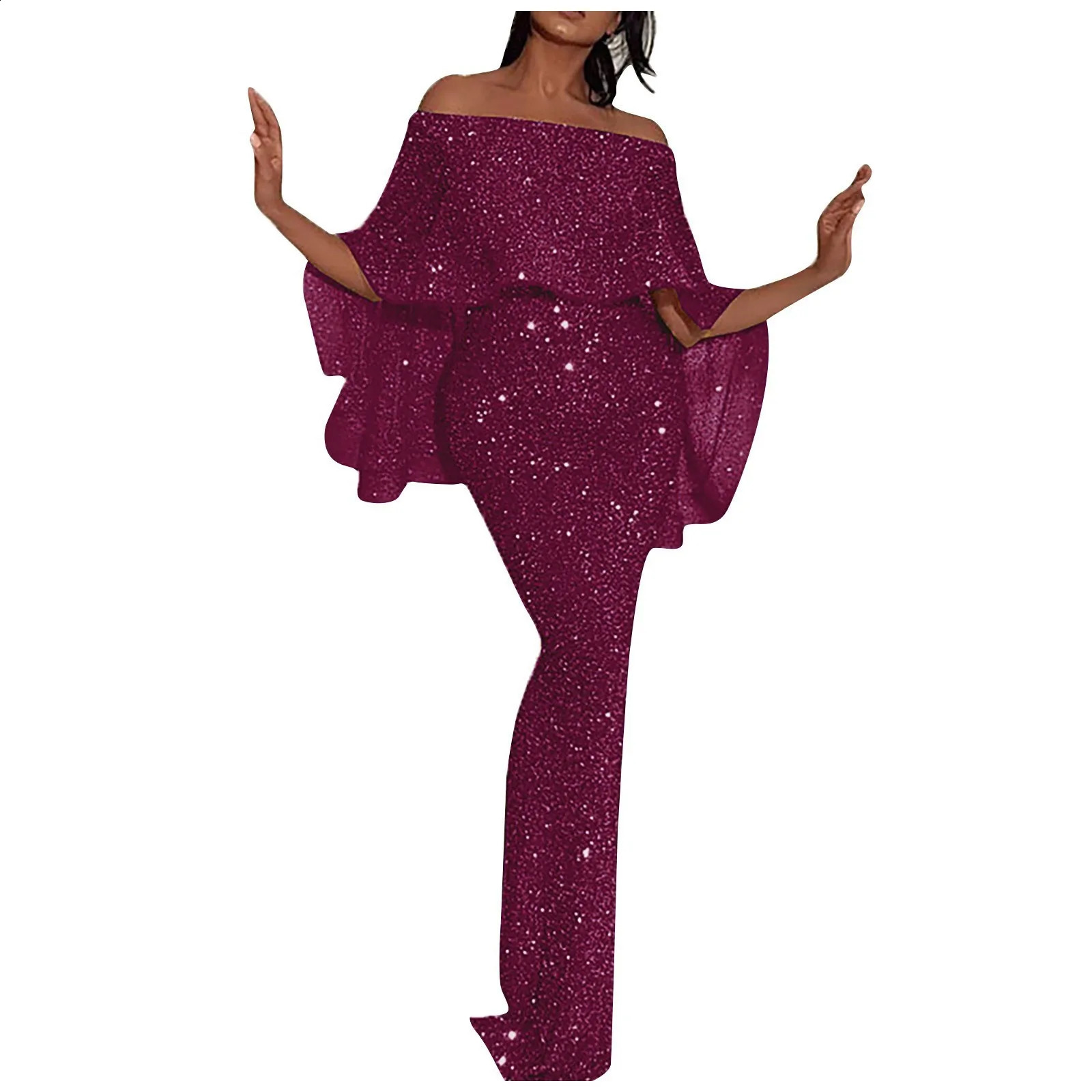 Womens Fashion Sexy Solid Color Off Shoulder Slim Fit Sequin Wrap Hip Split Party Dress 240819