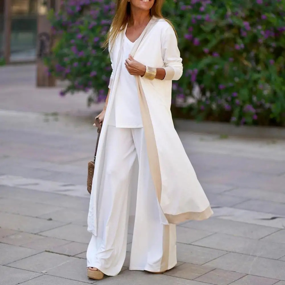 Three-Piece Sets Women Outfit Long Cardigan Sling Tops Wide Leg Pants Suits Casual Cardigan Straight Leg Trouser V Neck Camisole 240819