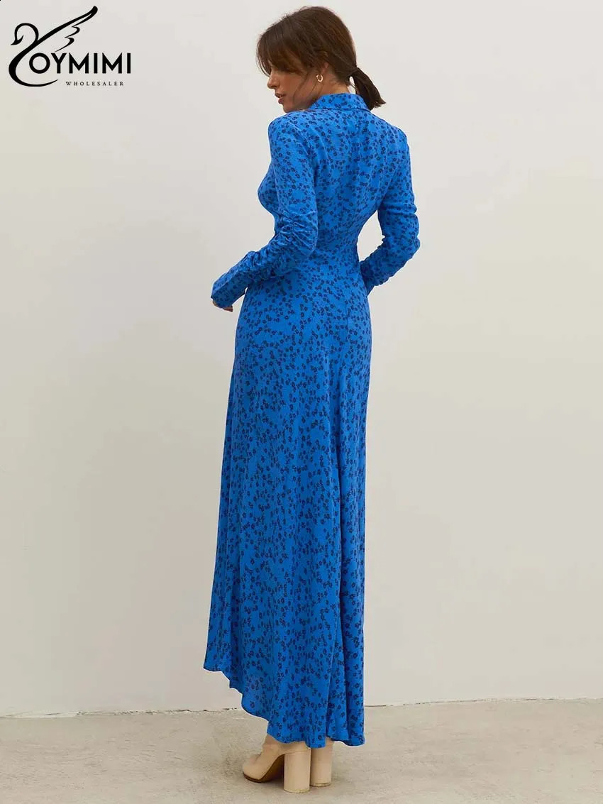 Oymimi Elegant Blue Print Dresses For Women Fashion Lapel Long Sleeve Button Dresses Casual Side Slit Ankle-Length Dress Female 240819