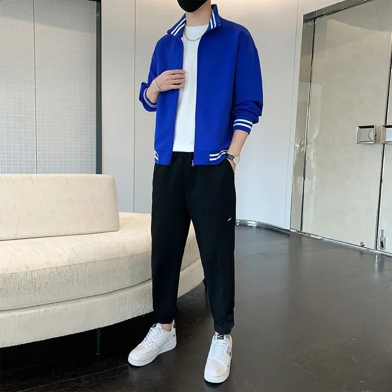 Mens Standing Collar High-end Sweater Mens Set Spring and Autumn Loose Fitting Sports Casual Versatile Cardigan Mens Set 240819