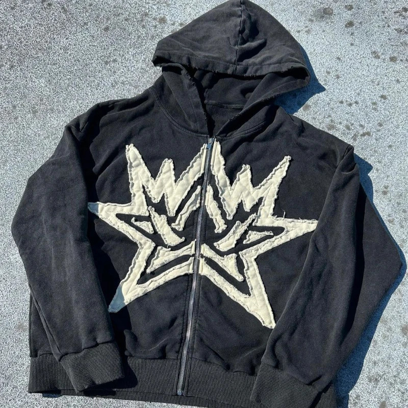 Mens Gothic Street Hoodie Embroidered Star Zipper Hoodie Retro Hip Hop European and American Autumn Winter Y2K 2024 240819