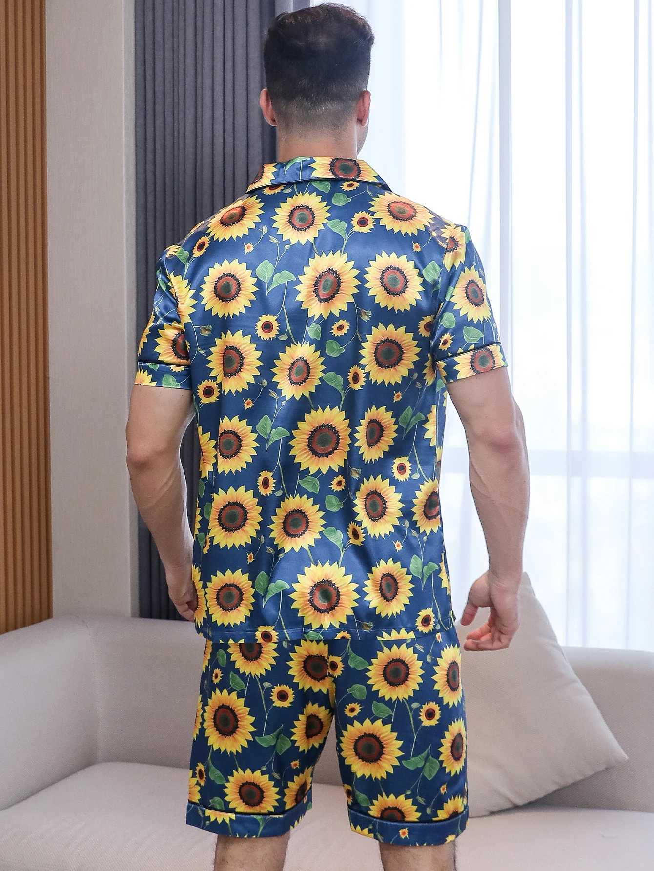 Mens two-piece summer short sleeved pajamas with sunflower pattern printed home clothing pajamas setW240719