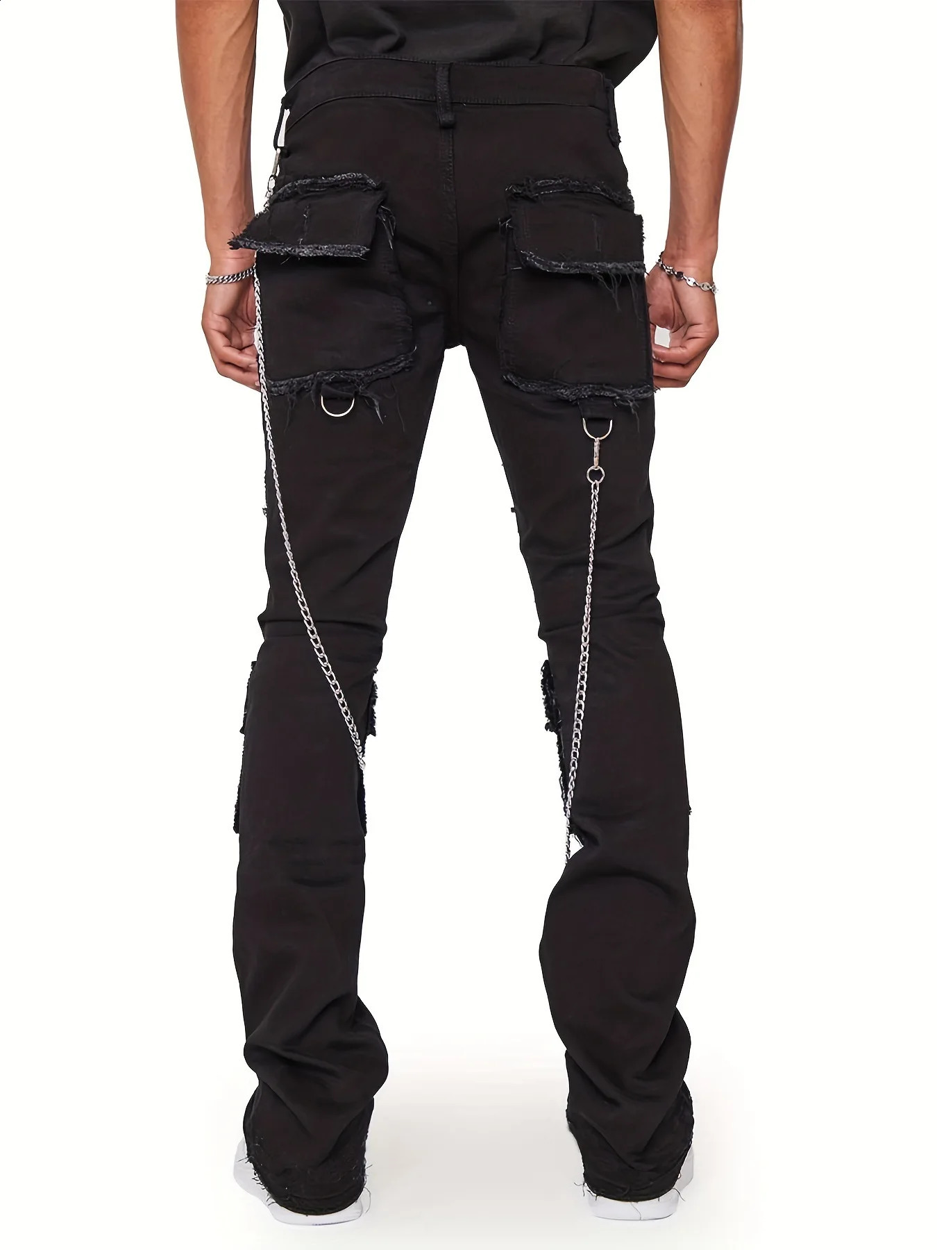 European Mens Cargo Jeans Stretchy Straight Leg Baggy Trousers Slim Fit Chain Patchworks Denim Bottoms 240819