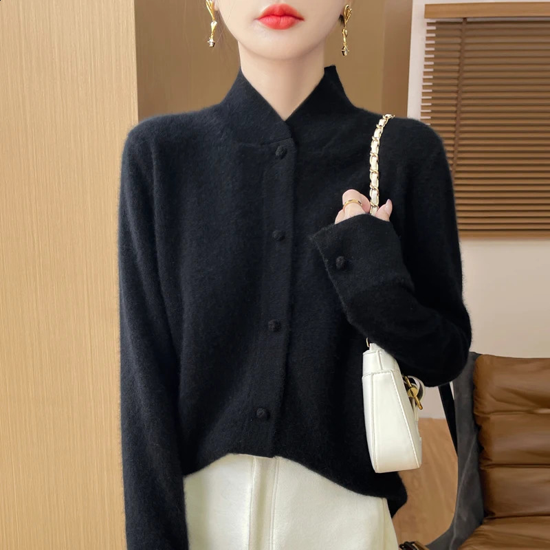China collar 100% Merino wool cardigan sweater autumn and winter retro solid color jacket loose knit top 240819