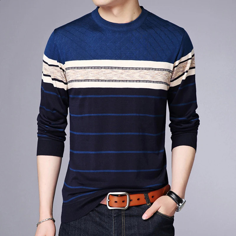Mens Casual Striped Knit Spring and Autumn Long Sleeved Pullover Fashion Top 240820