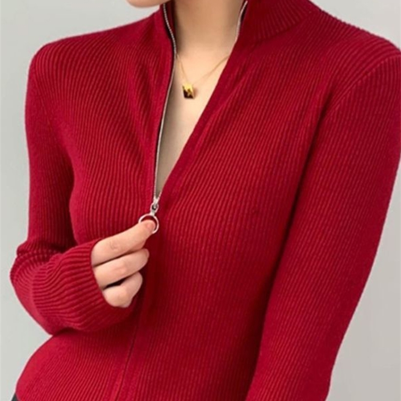 Autumn Zipper Cardigan Women Sweaters Knitted Long Sleeve Stand-up Collar Tops Korean Fashion Short Sweater for Female 240819