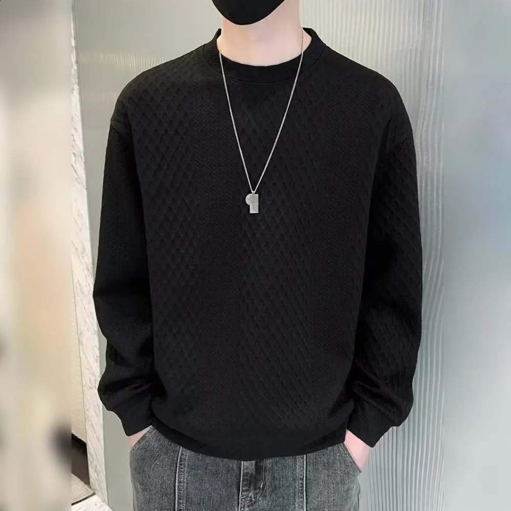 Mens daily sweater solid color comfortable mens winter thick knit round neck with waffle casual 240819