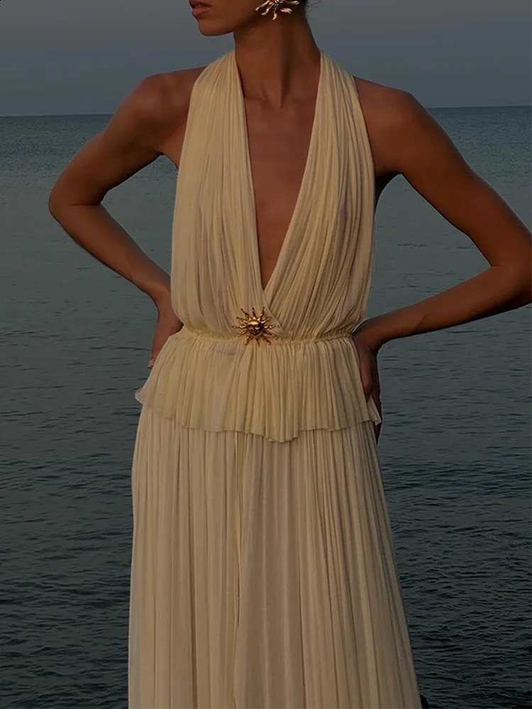 Elegant Pleated Backless Halter Top Skirt Sets Women Sexy Deep V Neck Lace Up Tank High Waist Long Skirt Suits Lady Beach Outfit 240813