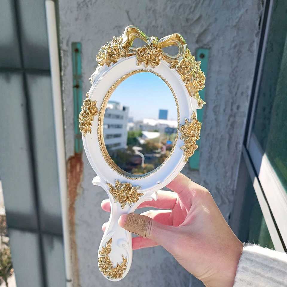 European Style Retro Handheld Mirror Rectangle Hand Hold Cosmetic Makeup Vanity Mirror Creative Vintage Hand Mirror Makeup Tools Y240819