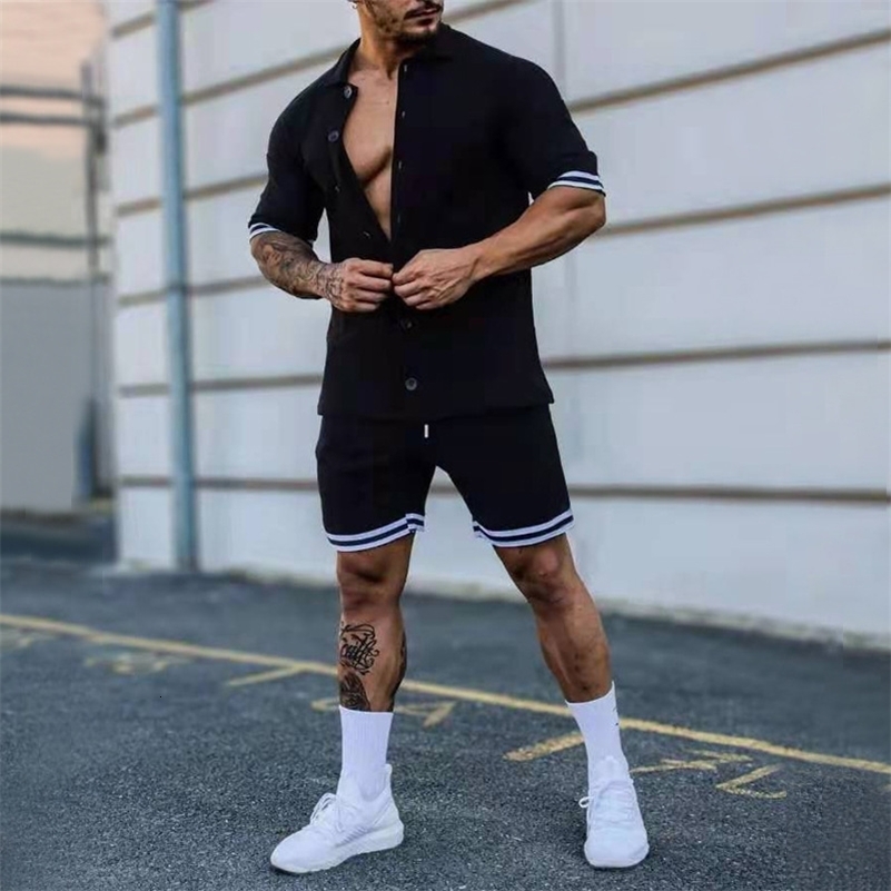 2024 Mens Summer Polo Cardigan Solid Short Sleeve Shorts Two Piece Casual Set 240819