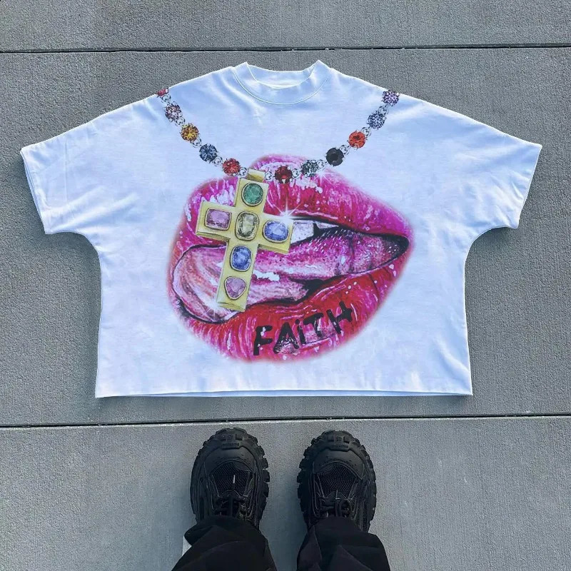 Y2k Top Gothic Trendy Big Mouth Pattern Printed Oversized Tshirt for Mens Summer Loose Harajuku Round Neck Versatile 240819